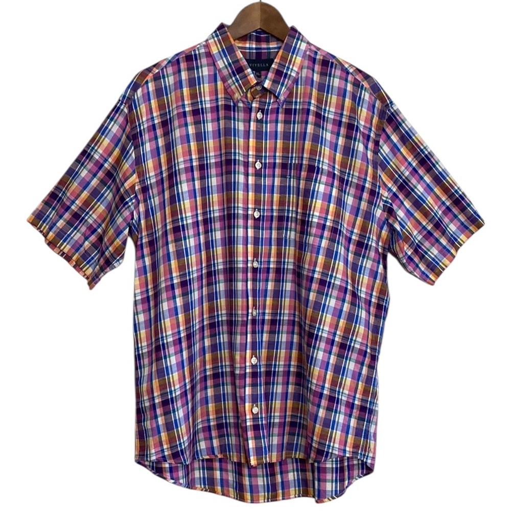 Viyella Shirt Mens XL Pink Blue Check Linen Cotton Short Sleeve Button Down